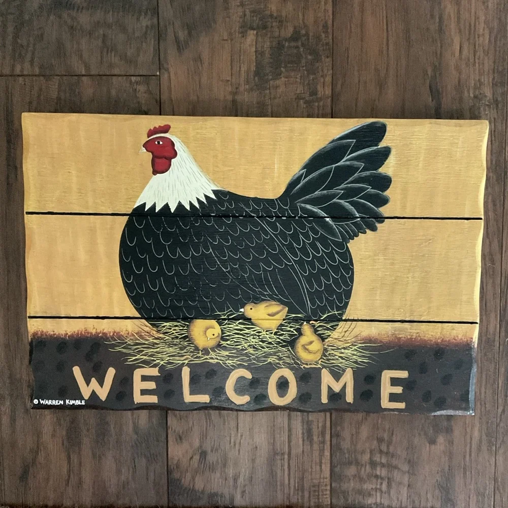 VINTAGE Warren Kimble Wood Welcome Sign CHICKEN & CHICKS Rustic Farm 14x9